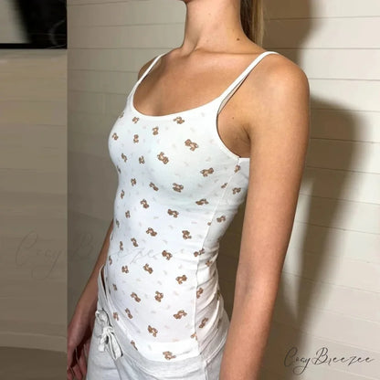 Bear Print Retro Slim Fit Camis Low Rise Shorts Two Pieces Set twopiecesset-250126