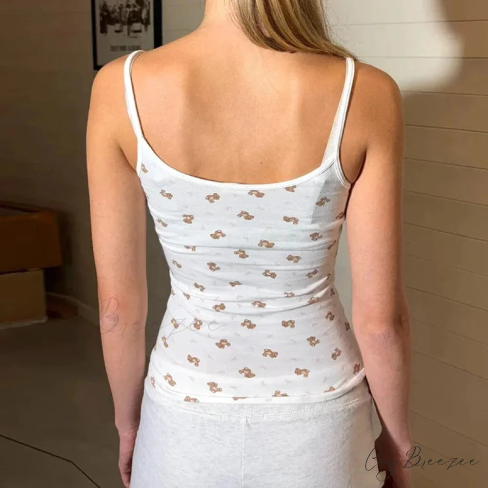 Bear Print Retro Slim Fit Camis Low Rise Shorts Two Pieces Set twopiecesset-250126