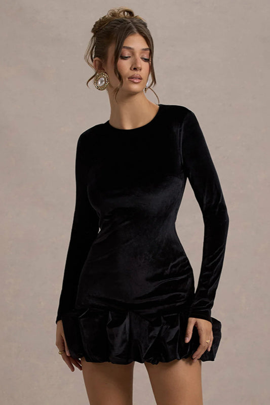 Velvet Pleated Hem Long Sleeve Party Dress