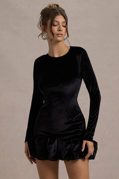 Velvet Pleated Hem Long Sleeve Party Dress