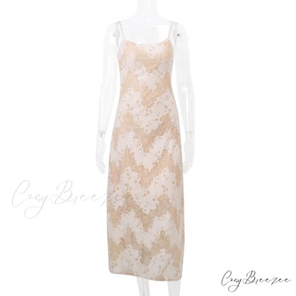 Beige Black Tie Up Graceful Lace Mesh Maxi Dress