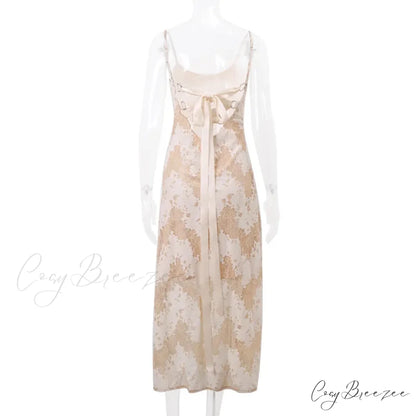Beige Black Tie Up Graceful Lace Mesh Maxi Dress