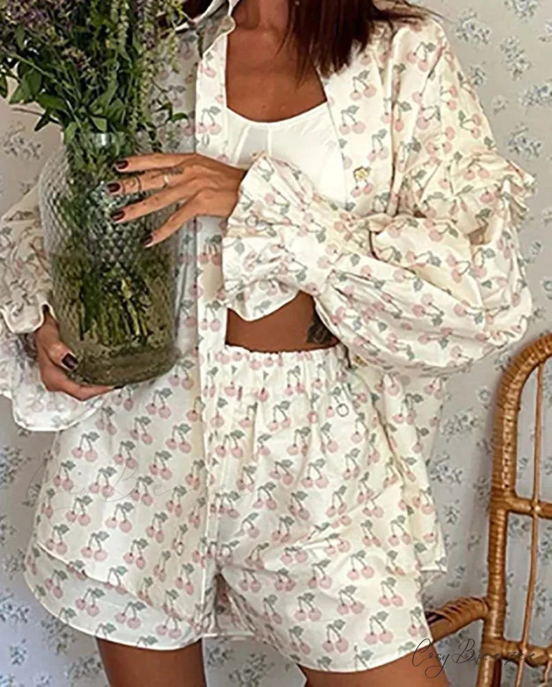 Beige Print Lapel Mid Shorts Office Set officetwopieceset-250223