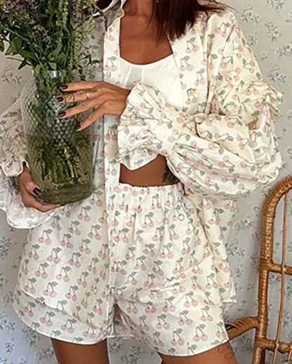 Beige Print Lapel Mid Shorts Office Set officetwopieceset-250223