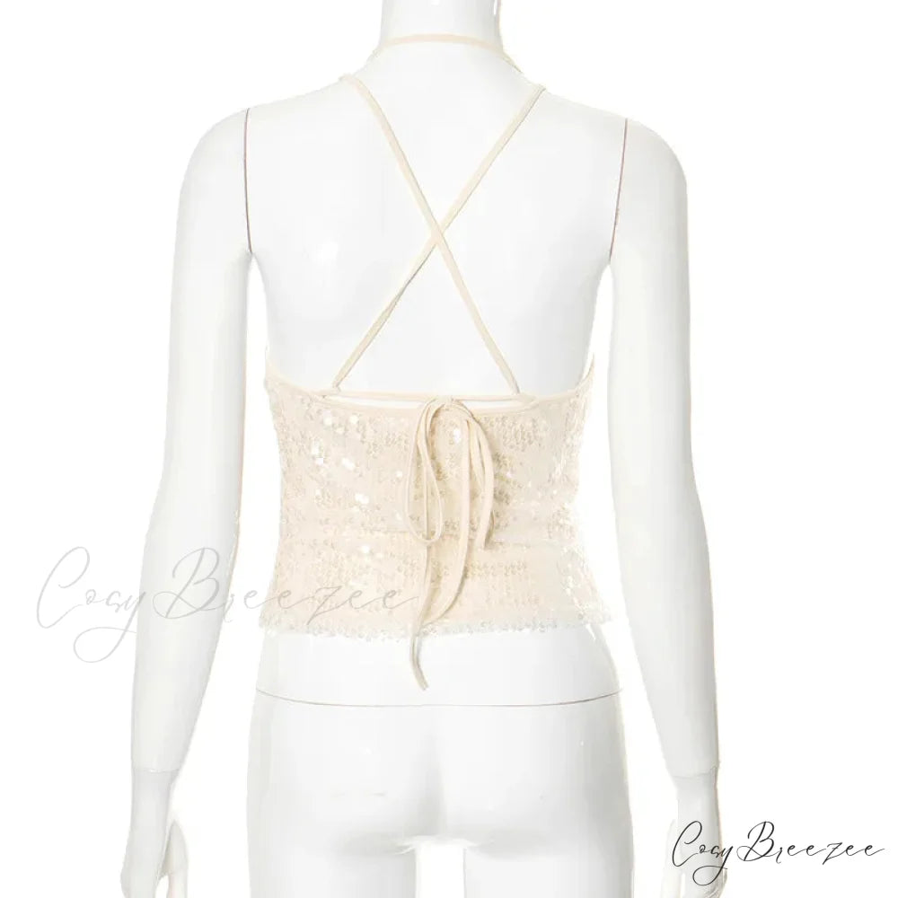Beige Sequin Stylish Tank Top