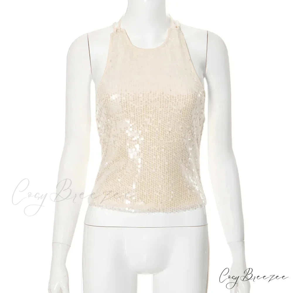 Beige Sequin Stylish Tank Top