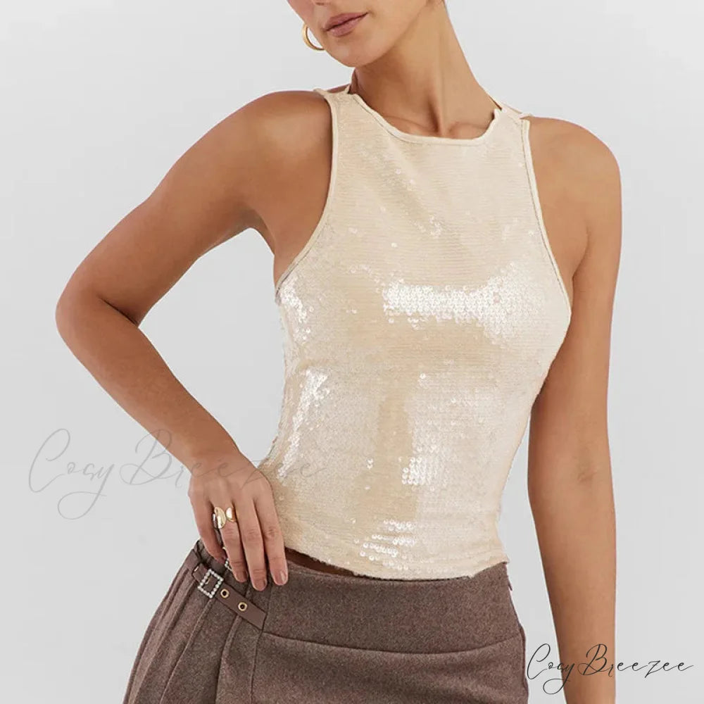 Beige Sequin Stylish Tank Top