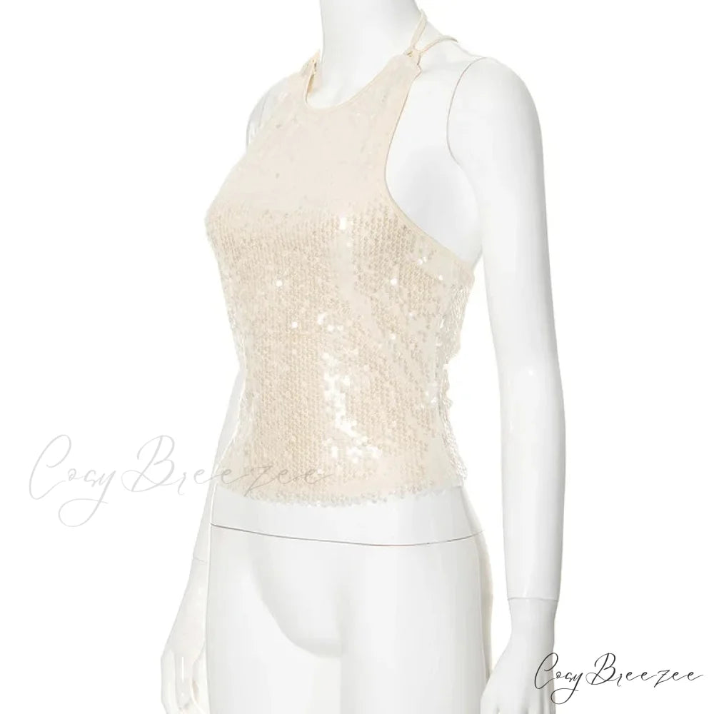 Beige Sequin Stylish Tank Top