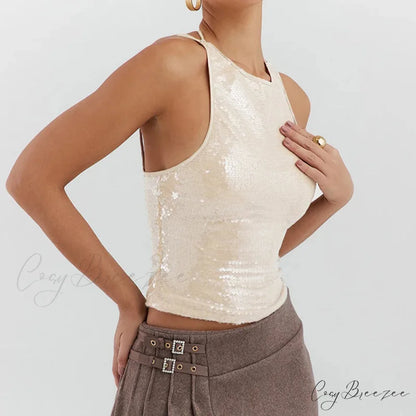 Beige Sequin Stylish Tank Top APRICOT / M