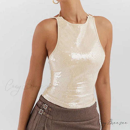 Beige Sequin Stylish Tank Top APRICOT / S