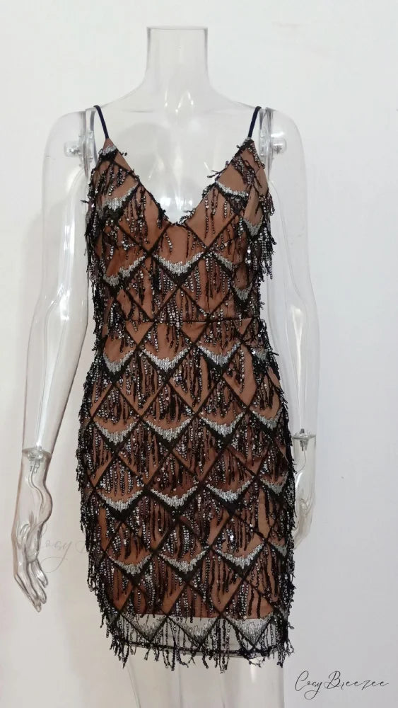 Beige Sequined Cocktail Dress with Delicate Spaghetti Straps S / Black