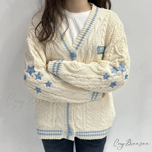 Beige Star V-neck Cardigan Blue / S cardigans-241228