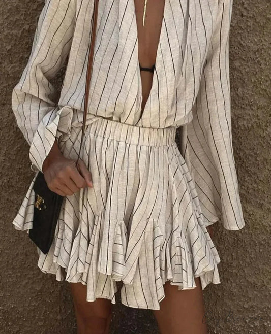 Beige Striped Pleated Mini Office Set Beige / S officetwopieceset-250223