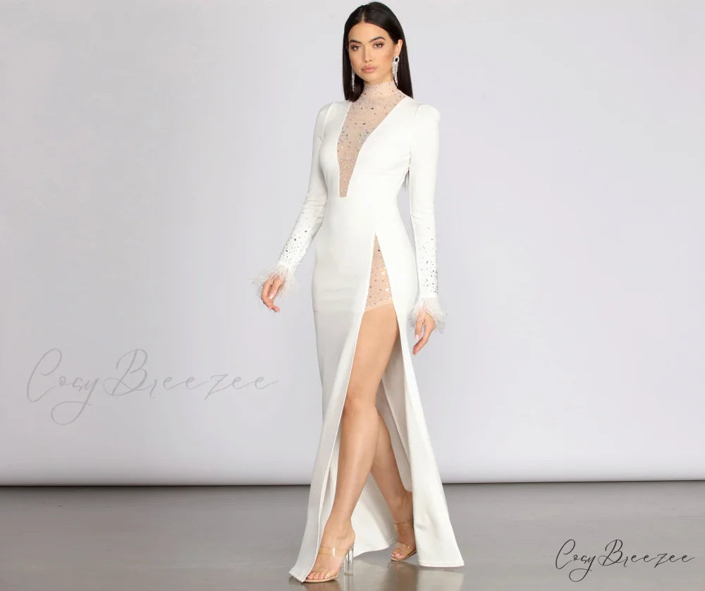 Beka Mesh And Heat Graceful Stone High Slit Dress