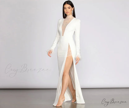 Beka Mesh And Heat Graceful Stone High Slit Dress