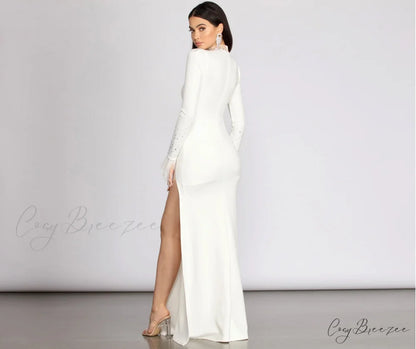 Beka Mesh And Heat Graceful Stone High Slit Dress
