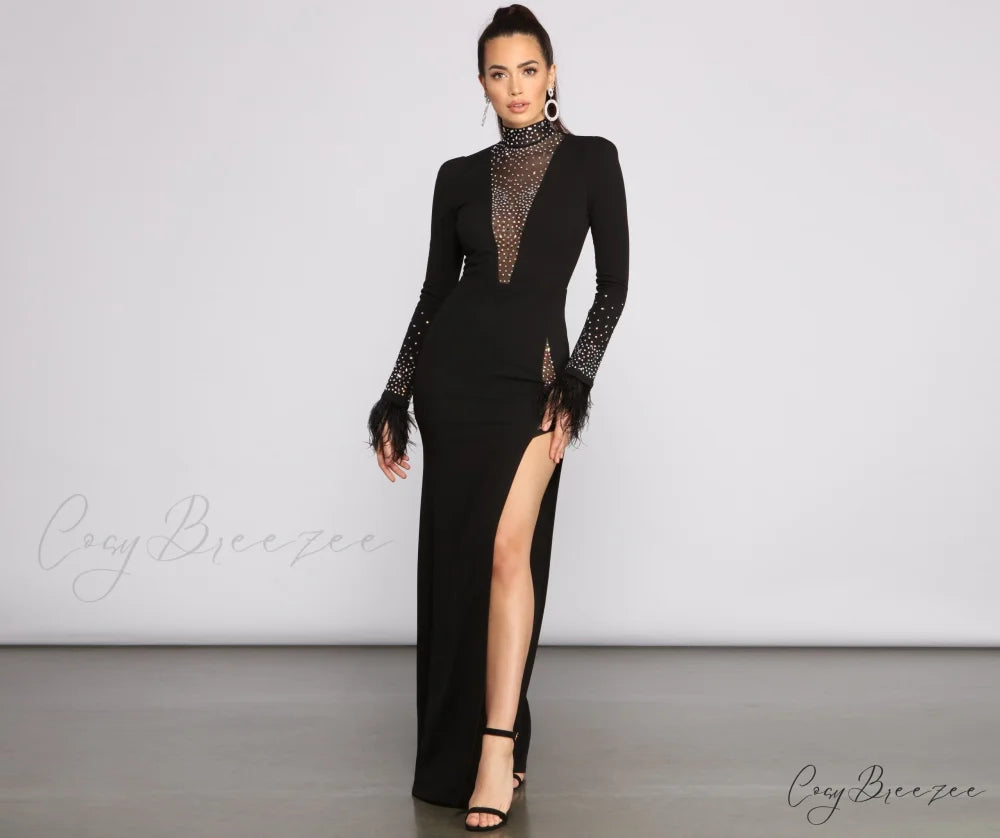 Beka Mesh And Heat Graceful Stone High Slit Dress BLACK / S