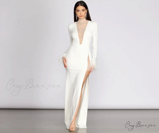 Beka Mesh And Heat Graceful Stone High Slit Dress IVORY / S