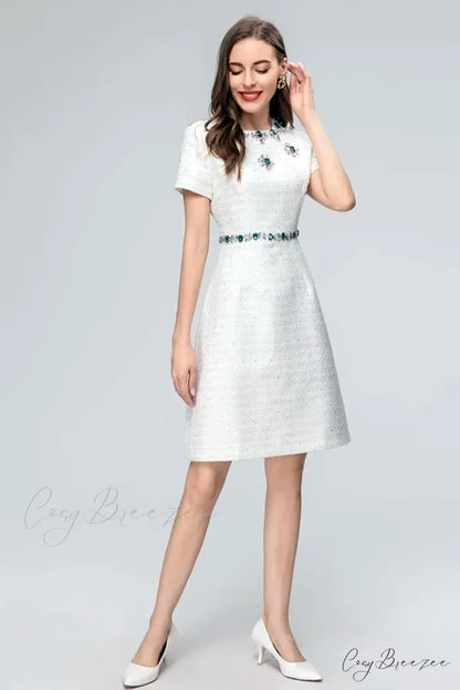 Bela White Graceful Jewel-Embellished Mini Dress