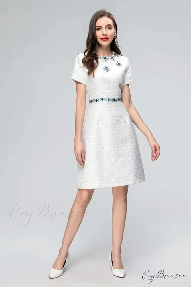 Bela White Graceful Jewel-Embellished Mini Dress