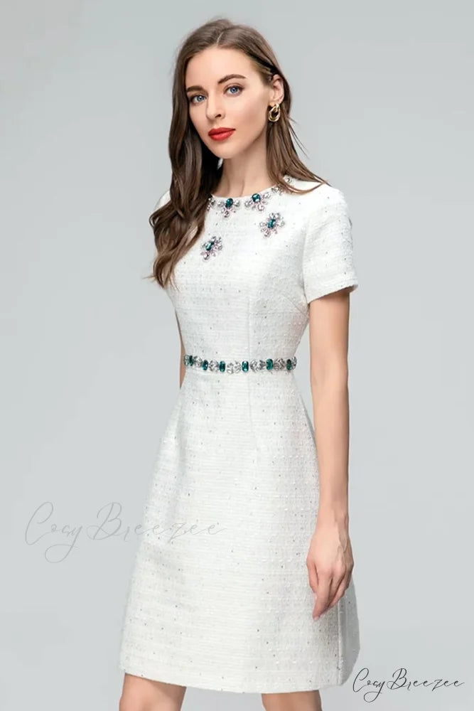 Bela White Graceful Jewel-Embellished Mini Dress