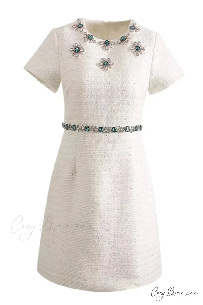 Bela White Graceful Jewel-Embellished Mini Dress