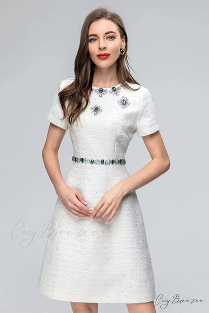 Bela White Graceful Jewel-Embellished Mini Dress White / S