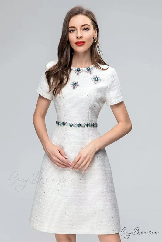 Bela White Graceful Jewel-Embellished Mini Dress White / S