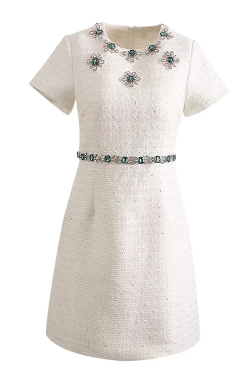 Bela White Graceful Jewel-Embellished Mini Dress