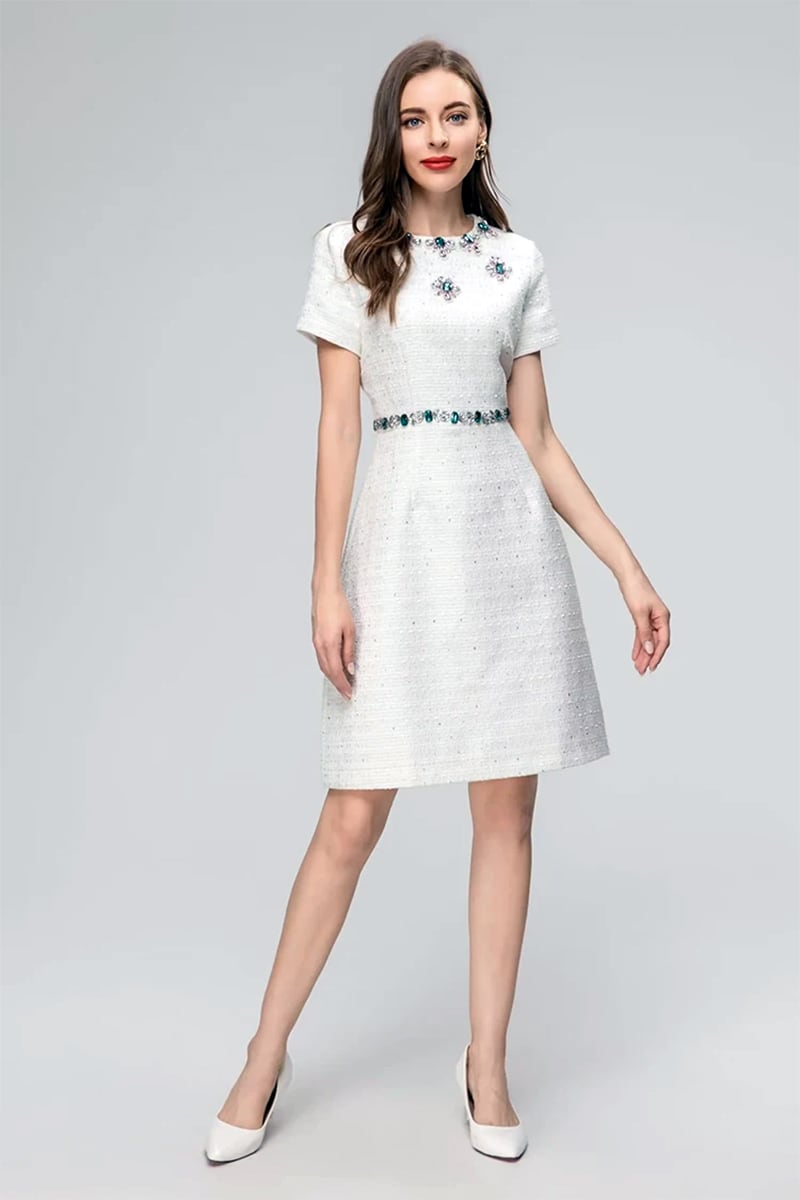 Bela White Graceful Jewel-Embellished Mini Dress