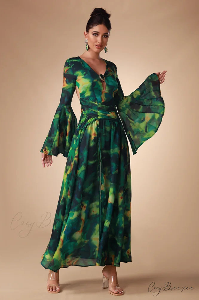 Bell Sleeve Stylish Printed Gown