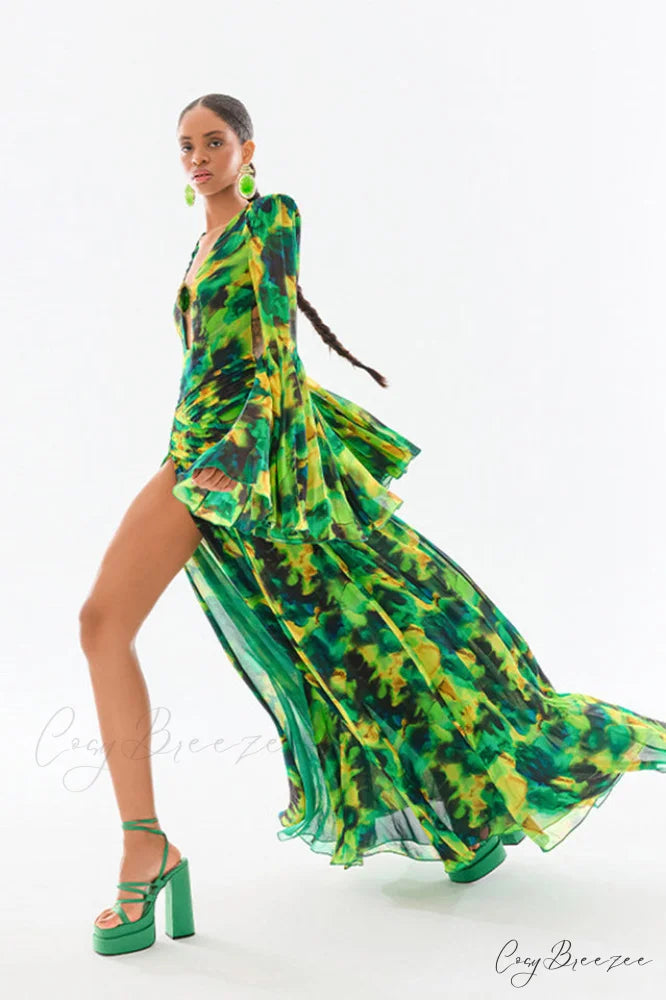 Bell Sleeve Stylish Printed Gown