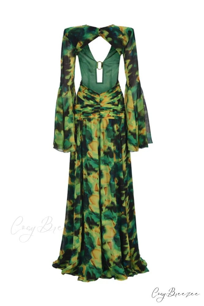 Bell Sleeve Stylish Printed Gown