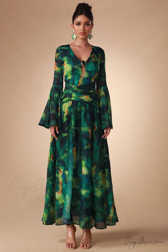 Bell Sleeve Stylish Printed Gown