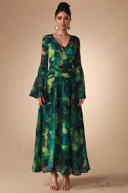 Bell Sleeve Stylish Printed Gown