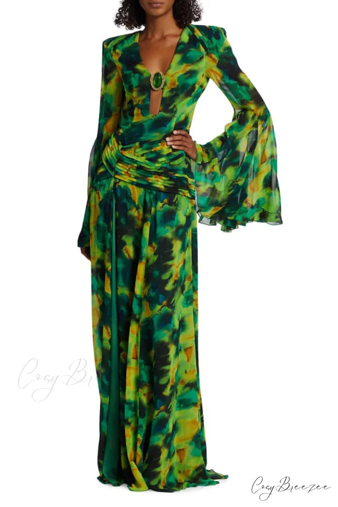 Bell Sleeve Stylish Printed Gown XS / Green Printed
