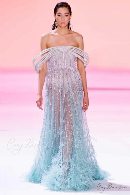 Bella Off-the-Shoulder Graceful Beaded Maxi Dress Aqua / 2