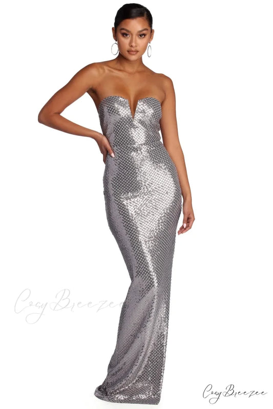 Belle Formal Stylish Geometric Sequin Dress GRAY / S