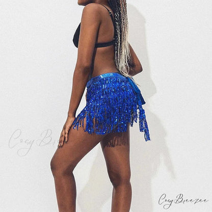 Belly Dance Glitter Sequins Wrap Tassel Skirt DEEP BLUE / One Size