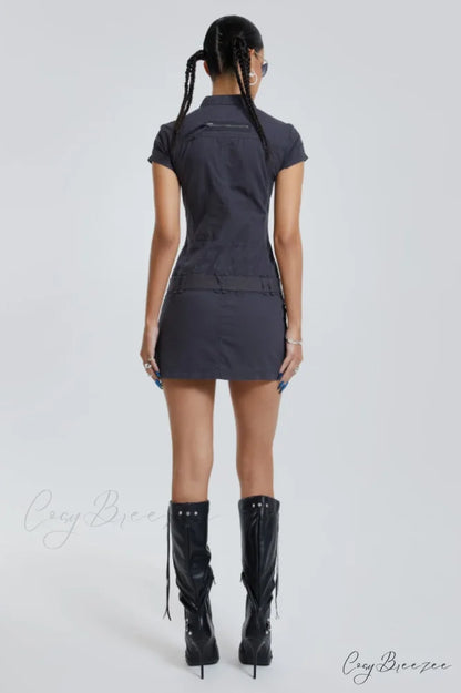 Belted Cargo Mini Charming Dress In Grey
