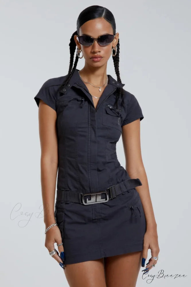 Belted Cargo Mini Charming Dress In Grey XS / Gray
