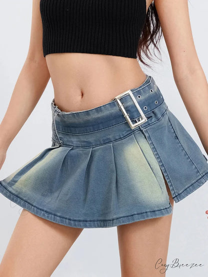 Belted Folded A-Line Skirt Blue / S skirts-250223
