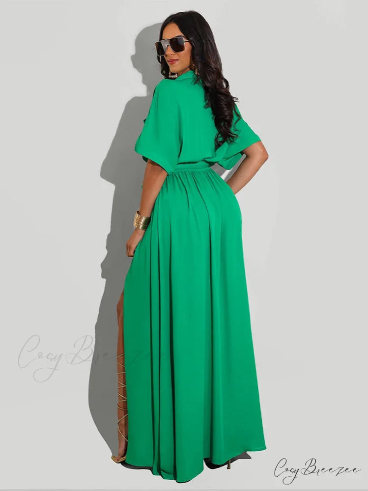 Belted Long Sleeve Trendy Shirt Midi Dress