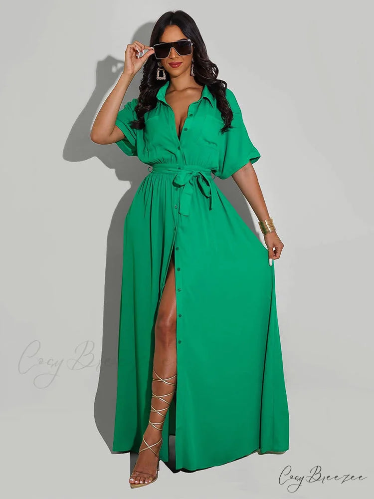 Belted Long Sleeve Trendy Shirt Midi Dress Green / M
