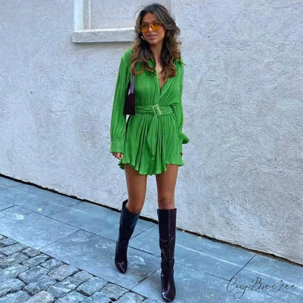 Belted Midi Graceful Shirt Dress XL / Green