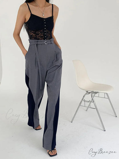 Belted Two Tone Trendy Wide Leg Pants