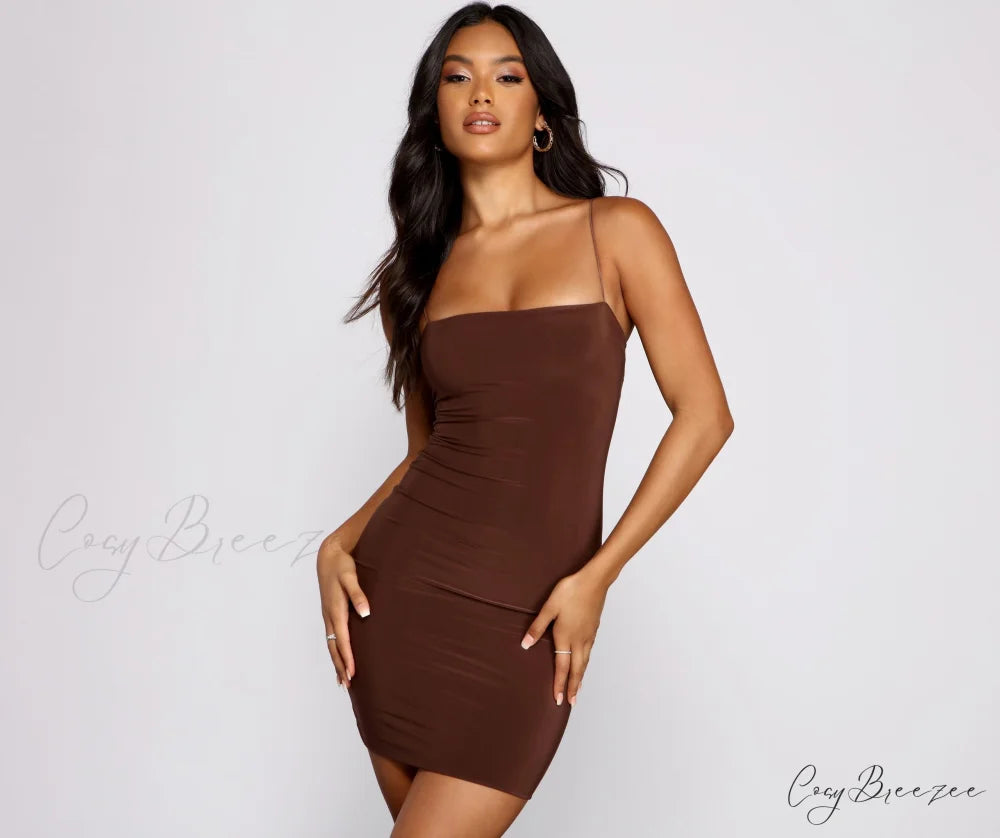 Best Life Square Charming Neck Mini Dress BROWN / XS