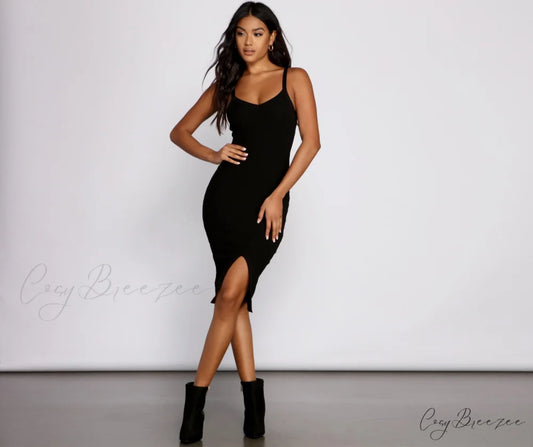 Better In Basics Charming Ribbed Knit Sweater Dress BLACK / S