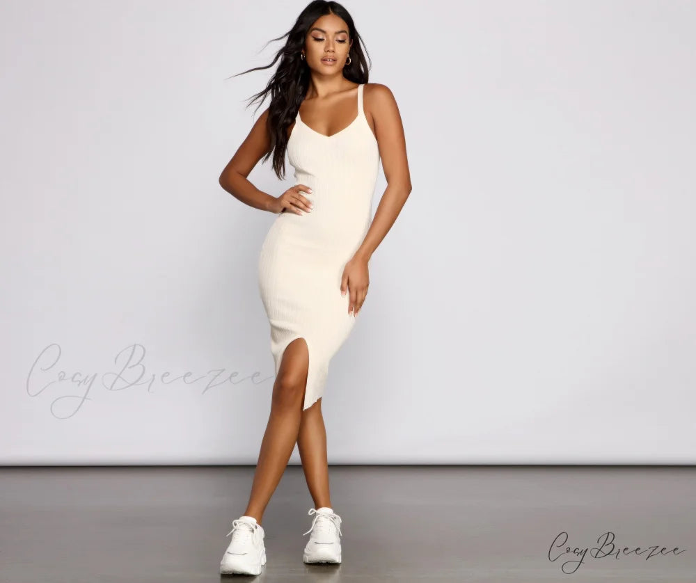 Better In Basics Charming Ribbed Knit Sweater Dress IVORY / S
