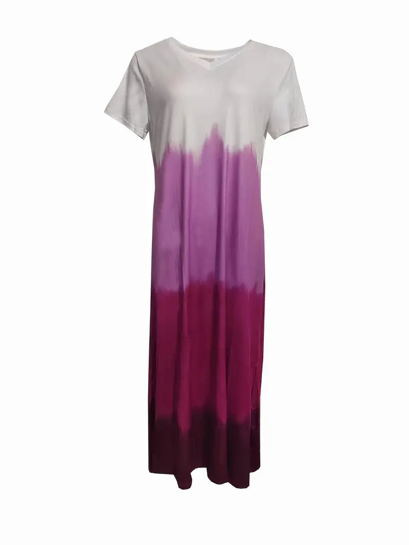 V Neck Short Sleeve Maxi Beach Dress with Gradient Color Side Split